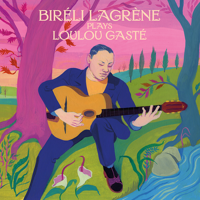 Couverture de l'album de Biréli Lagrène "Plays Loulou Gasté, illustrée par Ludovic Debeurme. Image d'un guitariste au pied d'un arbre jouant au bord d'un ruisseau.