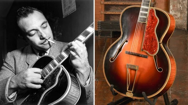 Montage photo avec à gauche Django Reinhardt jouant une guitare Levin et à droite, cette même guitare prise récemment en photo.