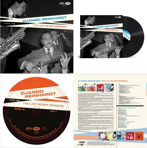 Montage de plusieurs images de la couverture, du dos et des rondelles du disque vinyle "The last Be-Bop sessions" de Django Reinhardt.